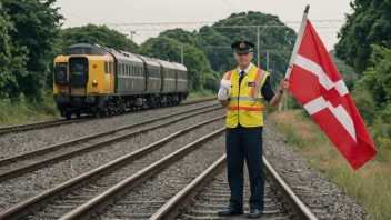 En jernbanevokter som står ved siden av et togspor, med et signalflagg i hånden.