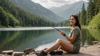 En person som nyter en fredelig dag med fiske ved en stille innsjø.