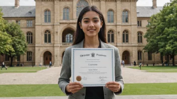 En person som holder et studiebevis, med en bakgrunn av bøker og en universitetsbygning