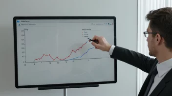 Et bilde av en person i en forretningsdress, som holder en nettbrett med en graf som viser en økning i effektivitet, stående foran en hvit tavle med et flytskjema.