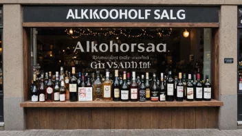 En butikk med et skilt som sier 'Alkoholforsalg' på norsk, med en rekke alkoholholdige drikkevarer i vinduet.