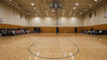 En moderne basketballarena med en stor bane og sitteplasser for tilskuere.