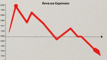En graf som viser et selskaps inntekter og utgifter, med en rød pil som peker nedover, noe som indikerer et underskudd.
