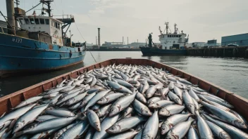 En fiskebåt med en stor fangst av sild, med en fabrikk eller prosesseringsanlegg i bakgrunnen.