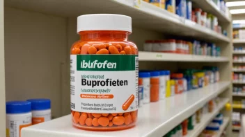 En flaske ibuprofen-tabletter på en apotekhylle, med etikett som indikerer den aktive ingrediensen og doseringsinstruksjoner.