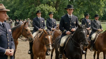 En leder for en gruppe ryttere, kledd i rideutstyr, holder en hest og bærer et merke som indikerer hans lederrolle.