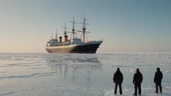 En gruppe eventyrere på en sydpolreise, stående foran skipet sitt i det frosne landskapet.