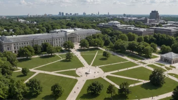 Et museumsområde med flere bygninger og en park-lignende atmosfære.