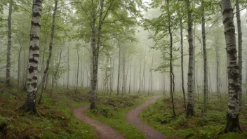 En fredelig og mystisk skoglandskap med en blanding av bjørk og andre treslag, som fremkaller en følelse av ro og undring.