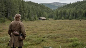 Et fredelig bilde av en norsk skog med en jeger i bakgrunnen, som viser sammenhengen mellom natur og tradisjonelle jaktpraksiser.