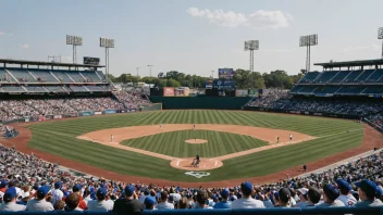 Et baseballstadion med lag som konkurrerer i en turnering, med begeistrede tilskuere som heier dem frem.