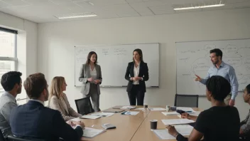 En gruppe mennesker i et møterom, med en whiteboard i bakgrunnen som viser et diagram over gruppepåvirkning