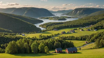 Et pittoreskt landskap i et ruralmiljø i Norge med en blanding av åser, skoger og hus.