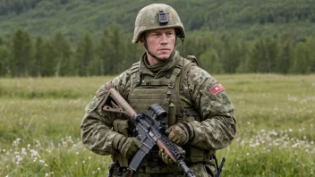 En norsk armésoldat i full utrustning, stående i et felt med en rifle i hånden.