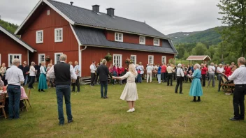 Et koselig samfunnshus i en landlig norsk landsby, omgitt av rullende åser og jordbruksland.