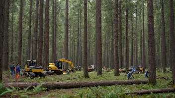 En skog med en blanding av unge og gamle trær, med mennesker som arbeider i bakgrunnen.