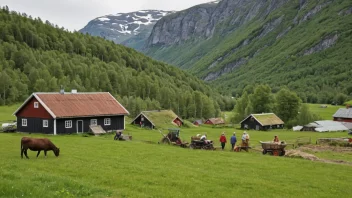 En familie som arbeider sammen på en tradisjonell norsk gård.