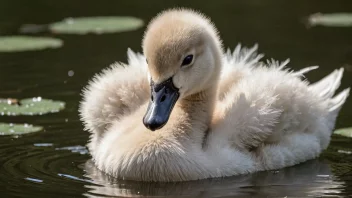 En svanebaby som svømmer i en innsjø.