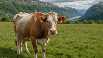 En norsk kvægrase som beiter i en grønn eng med et fjellrikt landskap i bakgrunnen