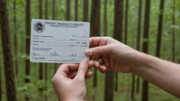 En person som holder et tillatelsesdokument med en skog i bakgrunnen, illustrerer konseptet trefellingstillatelse.