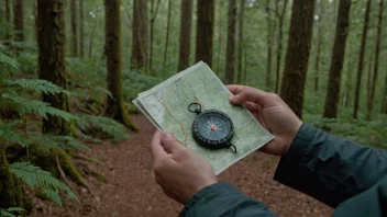 En person som navigerer gjennom en skog ved hjelp av kart og kompass.