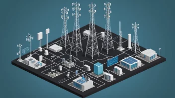 En mobilnettverksoperatørs infrastruktur, inkludert mobilantenner, servere og nettverksdiagrammer.