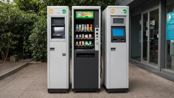 Et bilde av en automat eller en selvbetjent kiosk med en kasse eller en betalingsterminal