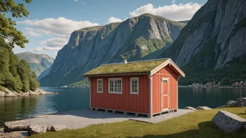 Et tradisjonelt norsk båttelt eller lite hus for å lagre båter, med en naturskjønn fjordlandskap i bakgrunnen.