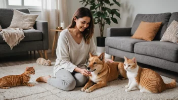 En person sitter på en sofa med en hund og en katt, omgitt av leker og godbiter for kjæledyr.