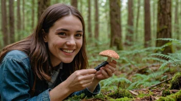 En person med en stor interesse for sopp, studerer en sopp i en skog.