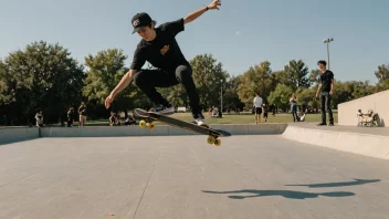 En person som utfører et stunt på et skateboard, med en by i bakgrunnen.