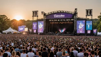 Et stort utendørs musikkfestival med flere scener og en stor folkemengde