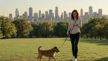 En hundeier går med hunden sin i en park