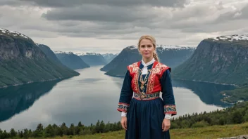 En person fra øst i Norge, stolt iført tradisjonelle klær, stående foran et fantastisk landskap med fjell og fjorder.