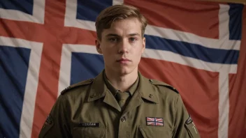 En ung voksen i militær uniform, med en bestemt uttrykk, stående foran et norsk flagg.