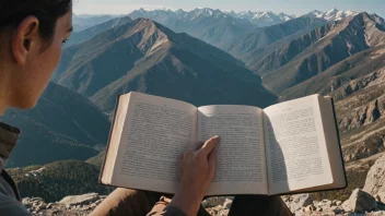 En person sitter i en komfortabel stol og leser en bok om fjellklatring. I bakgrunnen kan en majestetisk fjellkjede sees, med snødekte topper og frodige grønne skoger.