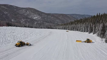 En snøryddingsplass med utstyr og snødekte omgivelser.