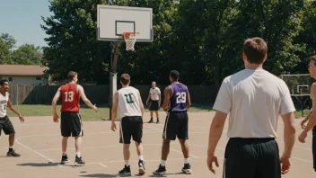 Et basketballag som spiller en kamp sammen.