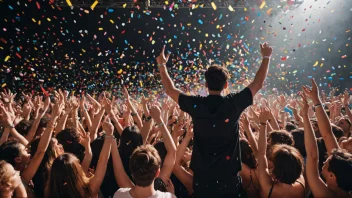 En livlig konsertscene med en DJ eller band som spiller på scenen, omgitt av et jublende publikum.