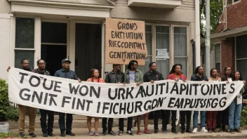 En gruppe mennesker okkuperer et hus med bannere og skilt, i protest mot gentrifisering eller boligpolitikk.