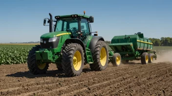 En traktor med en jordkultivator-tilbehør, brukt til å bearbeide jorden før planting eller såing.