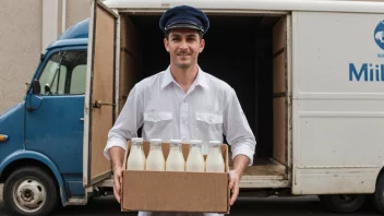 En mjølkekusk i tradisjonell uniform, holder en kasse med melkeflasker.