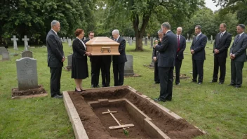 En alvorlig og fredelig scene fra en begravelse, med fokus på graven og menneskene rundt den.