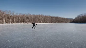 En fredelig vinterscene med en person som går på skøyter på en frossen innsjø.