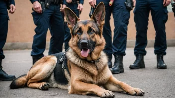 En politihund, en tysk gjeterhund, sitter ved siden av en politibetjent