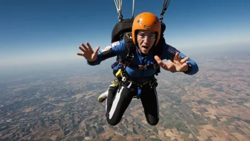 En person i luften, fallskjermhopper med en parachute, med et fjellandskap i bakgrunnen.