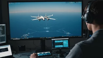 En person som tester et system på en dataskjerm med et fly eller en drone i bakgrunnen.
