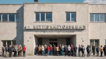 En bygning som representerer et rettssikkerhetsorgan, med en gruppe mennesker fra ulike bakgrunner og aldre som står foran.