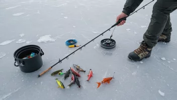 En person som går på isfiske med ulikt isfiskeutstyr på en frossen innsjø.