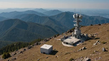 En overvåkingsstasjon med antenner og overvåkingsutstyr på toppen av et fjell, med en naturskjønn utsikt over det omkringliggende landskapet